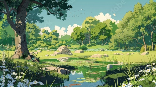 A tranquil natural scene. The foreground features lush greenery, including colorful flowers and tall grass. A calm pond reflects the clear blue sky