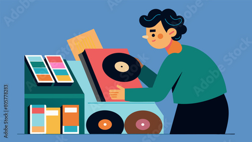 The ritualistic flipping and searching through a record collection each album chosen with care and intention for the listening experience to come. Vector illustration