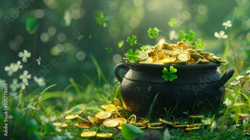 Embark on a journey of Irish tradition and celebration with this mesmerizing image featuring a black pot overflowing with gleaming gold coins and lush shamrock leaves