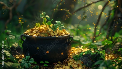 Embark on a journey of Irish tradition and celebration with this mesmerizing image featuring a black pot overflowing with gleaming gold coins and lush shamrock leaves