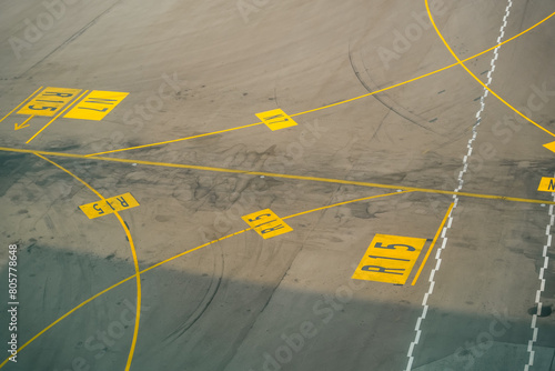 Aerial top view of a commercial airport runway with connections and taxiways.