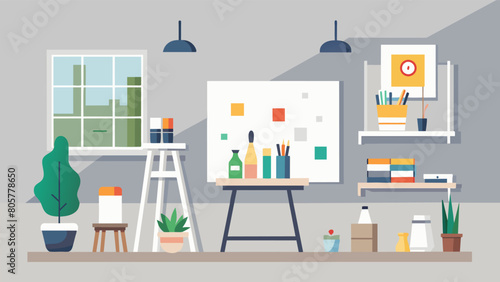 An art studio with white walls and only the necessary supplies allowing the artists creativity to be the focus rather than material possessions..