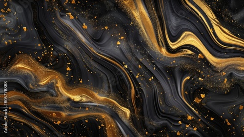 a journey of luxury and refinement with a gold and black liquid background, where golden flow waves cascade and swirl against a backdrop of deep black,