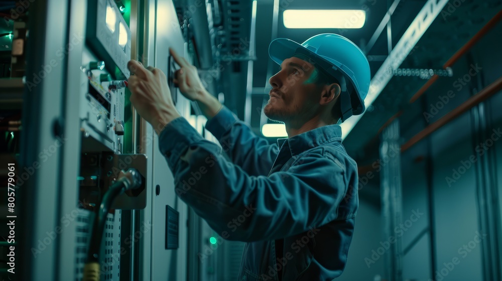 Professional Electrician Inspecting Electrical Panel in Industrial Setting hyper realistic 