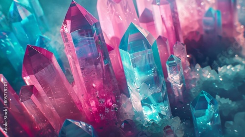 a visual adventure with a modern tech banner adorned with colorful aqua and pink crystal pieces, 