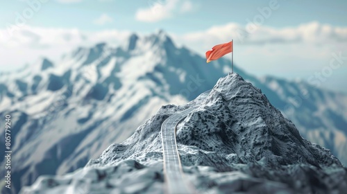 Road going to flag on mountain top, Business goals achievement concept hyper realistic  © Johannes