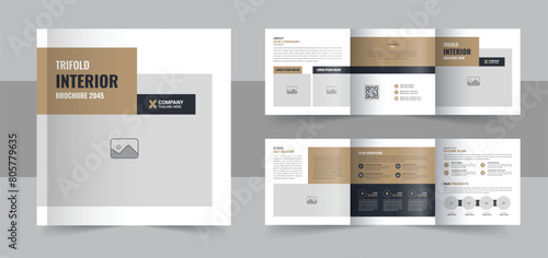 Interior design square trifold brochure or Interior business agency portfolio template layout
