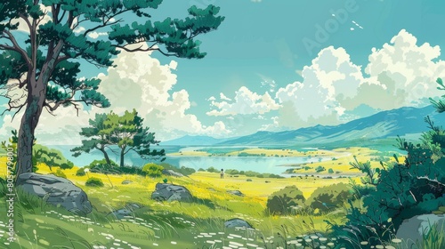 A serene landscape with lush green fields and a clear blue sky. The image depicts open fields, distant mountains, and fluffy clouds, creating a picturesque view of the countryside
