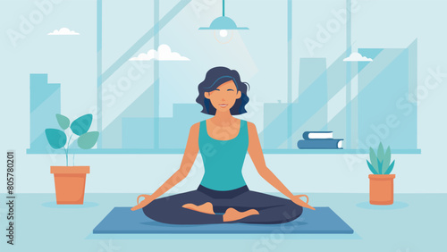 A woman closing her eyes and taking deep breaths as she practices yoga poses in a brightly lit quiet room at her corporate workplace.. Vector illustration