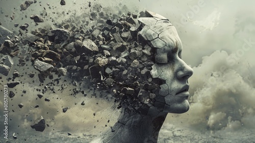 Surreal imagery depicting a person's head exploding into fragments, symbolizing psychological turmoil hyper realistic 