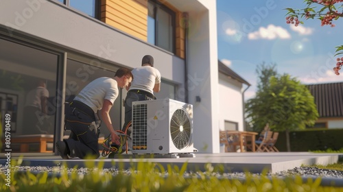 Obraz na płótnie Technicians Installing Air Source Heat Pump Outdoors hyper realistic 