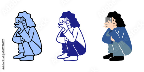 しゃがんでスマホで写真を撮る女性のイラスト素材