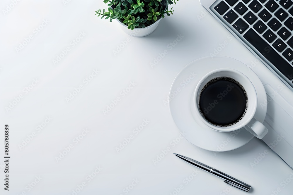 White office desk with coffee mug and computer for work, space to add more writing. White office desk with coffee mug and computer for work, space to add more writing.