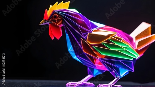 Cyberpunk origami: hyper-detailed 3D rendering of a furious, magical glass chicken. Neon edges shimmer on its 7-color transparent form against a black void. Imagine the most beautiful, cinematic image
