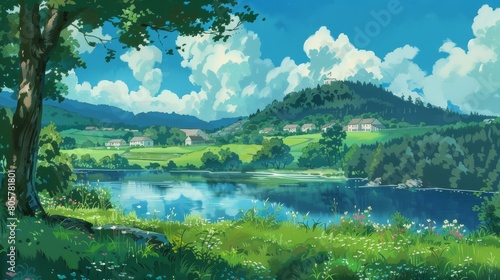 A lush green landscape with rolling hills and distant mountains. In the distance  green hills and mountains create a harmonious panorama