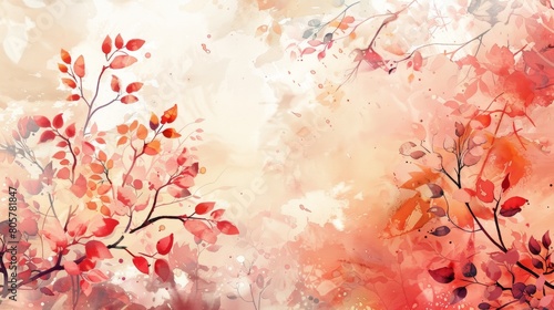 A beautiful autumn watercolor background with red and orange leaves  blurred with soft details in a high resolution style similar to soft watercolors on a white background with pastel.