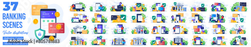 Set of flat illustrations of online banking and mobile payment, log into bank account, Digital wallet, internet money, Savings and finance, Mobile banking