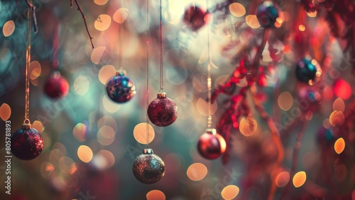 Enter a realm of yuletide splendor with a delightful scene of Christmas balls suspended in mid-air, their radiant colors and delicate textures set against a softly blurred backdrop, photo