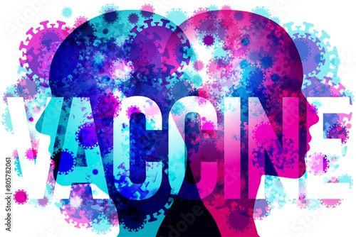 This artwork presents a vibrant blend of virus icons superimposed on the profiles of two people. The word VACCINE is prominently displayed across the centre, conveying a message about the significance photo