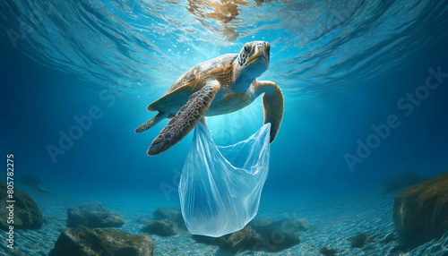 a sea turtle swimming underwater, mistakenly interacting with a translucent plastic bag photo