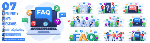 Set of flat illustrations of frequently asked questions concepts, FAQ 