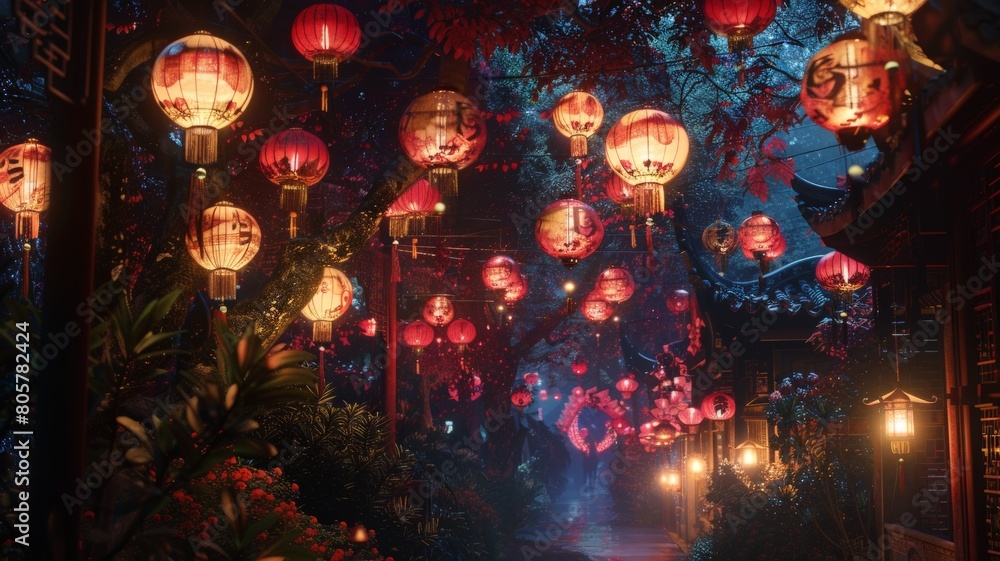 Enter a world of color and light with this captivating image of Chinese lanterns during the New Year festival