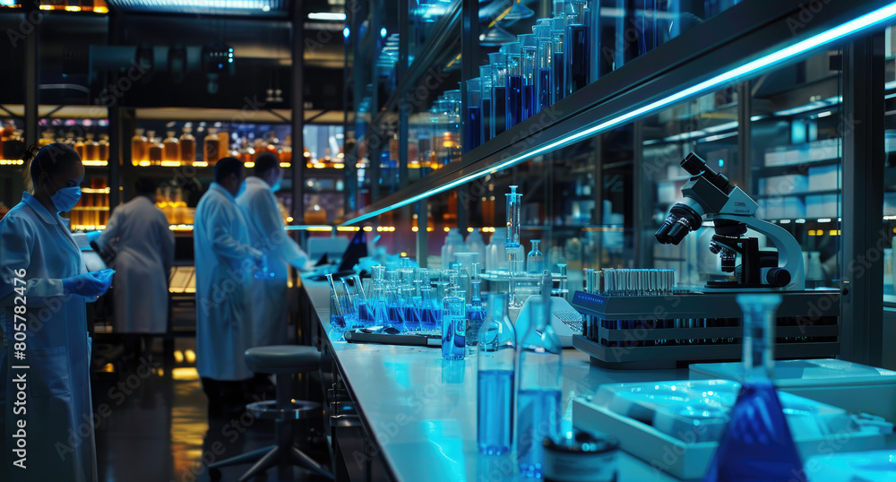 an advanced laboratory where scientists in white coats and protective gear work with microscopes, test tubes filled with blue liquid on the tables.