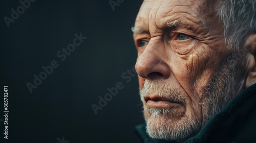 A somber portrait of a senior man staring into the distance, parts of his head subtly fading into the surroundings, symbolizing the gradual loss of memories and identity.