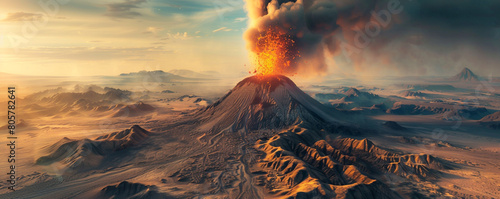 An aerial illustration of a vast desert landscape dominated by a solitary volcano spewing fire and smoke into the sky amidst the barren wilderness photo