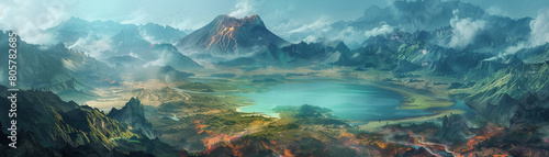 Aerial of a peaceful mountain lake overlooked by a distant volcano blending the tranquility of nature with the potential for fiery eruption photo