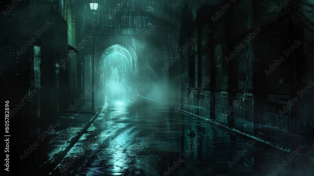 Enter the mysterious realm of a dark street, where wet asphalt reflects the dim rays of distant lights, creating an enigmatic atmosphere captured in stunning HD detail