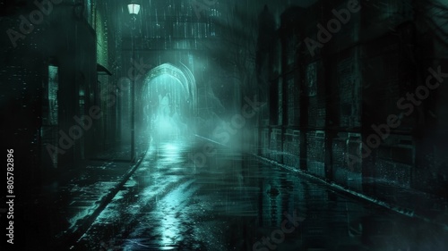 Enter the mysterious realm of a dark street  where wet asphalt reflects the dim rays of distant lights  creating an enigmatic atmosphere captured in stunning HD detail