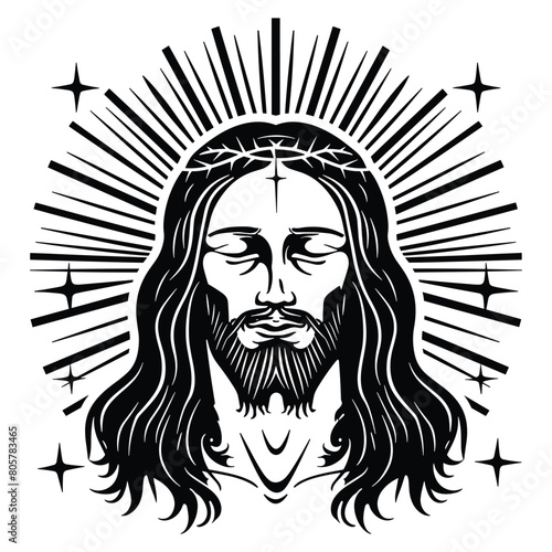 vector design of Jesus. Black lines on white background. T-shirt graphic style.