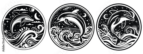 set of Dolphin Vector Illustration, fish, logo and T-shirt Design, a circular pattern of a "wave"