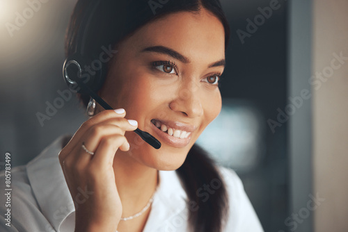 Call center, portrait and smile with woman consulting in telemarketing office for help or sales. Contact us, face and headset with happy consultant at work for consulting, customer service or support