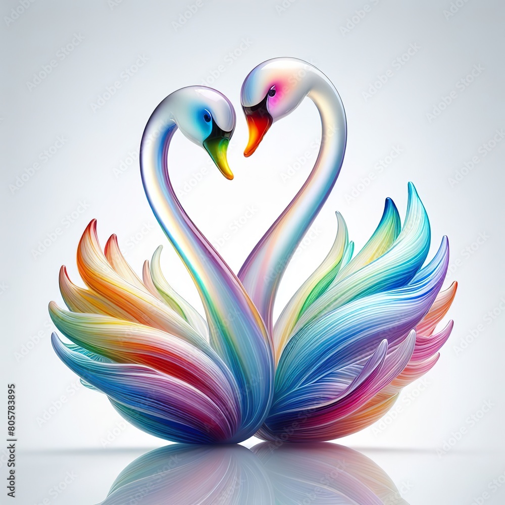 A stunning blown glass sculpture of a playful, couple swan with seamlessly blended rainbow colors, white background A stunning blown glass sculpture of a playful, couple swan with seamlessly blended rainbow colors, white background