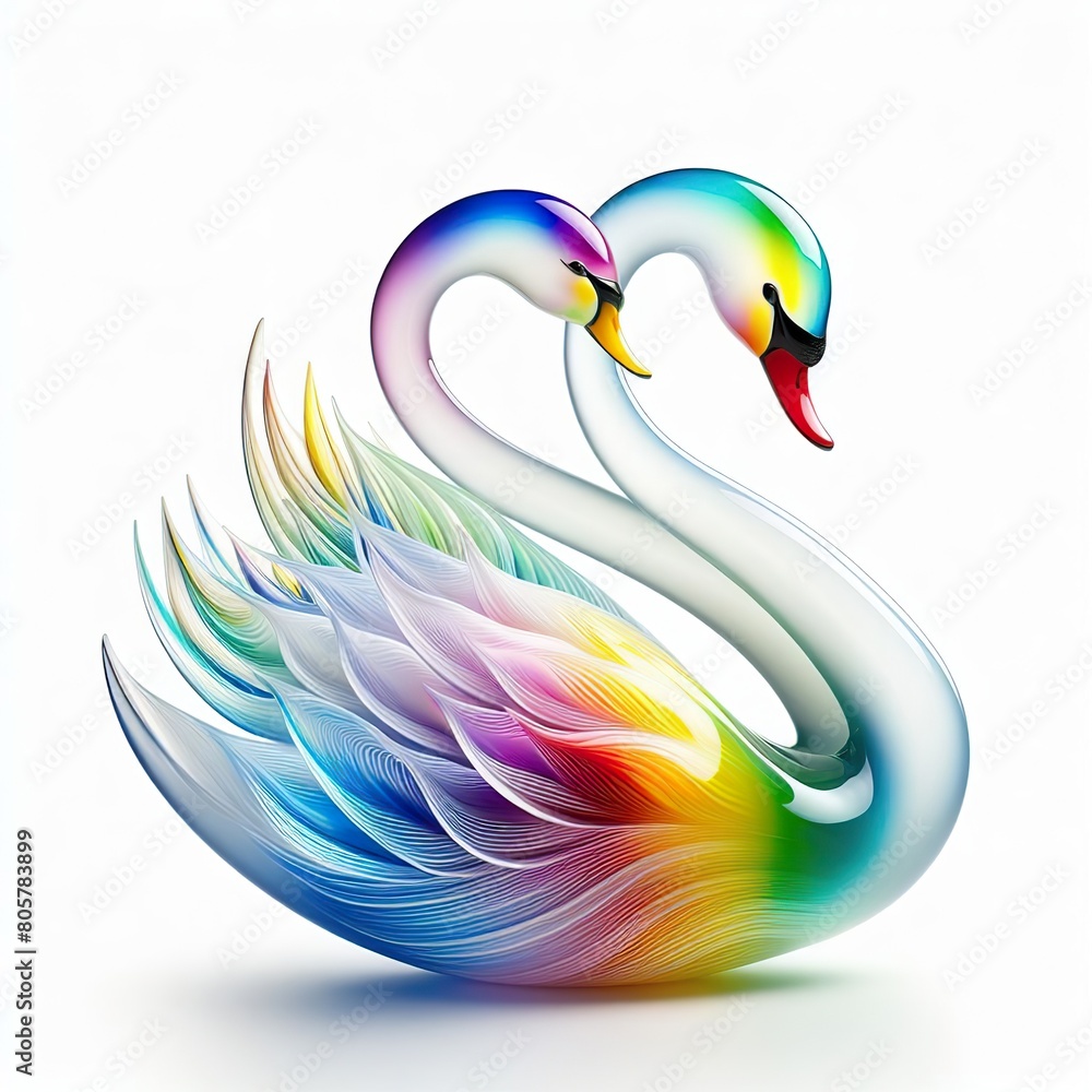Naklejka premium A stunning blown glass sculpture of a playful, couple swan with seamlessly blended rainbow colors, white background