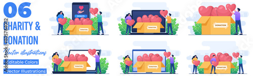 Set of flat illustrations of donation, Financial support and fundraising concept, Nonprofit organization, Supporting and giving help, Volunteering, Social support