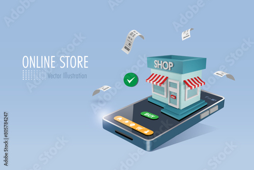 Virtual store building on mobile app with secure service. Shop building on smart phone. Online retail store and delivery, e commerce. 3D vector.