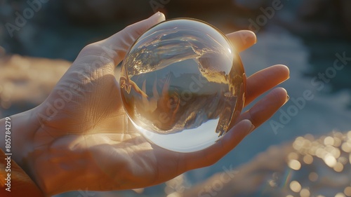 Envision the beauty of a transparent glass globe nestled within the palm of a hand, its pristine surface reflecting the surrounding light with mesmerizing clarity