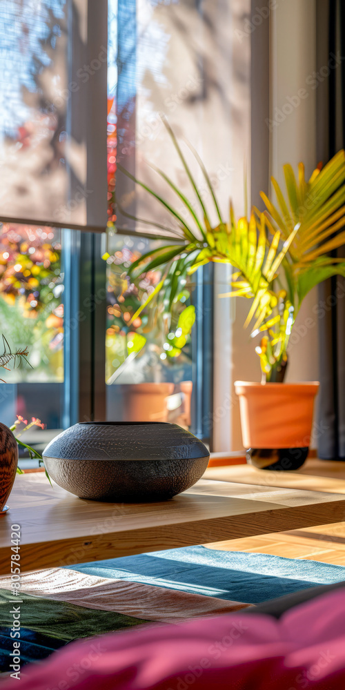 Zen home interiors with natural window light, serene decor an natural elements. Interior design relaxing composition. Zen home interiors with natural window light, serene decor an natural elements. Interior design relaxing composition.