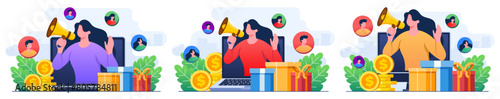 Set of flat illustrations of refer a friend strategy, Referral program, Affiliate marketing, Influencer marketing 