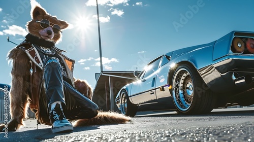 Stylish Anthro Sloth Rocks Fashion Trends with Sleek Sports Car in Urban Landscape  photo