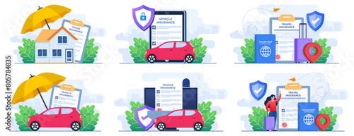 Set of flat illustrations of Vehicle insurance, Property security, Financial protection, Real estate insurance policy, Car safety, assistance and protection, Travel insurance, Flight Insurance