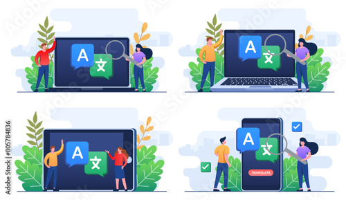 Set of flat illustrations of translation concepts, Translate languages, Online translator mobile applications, People translating languages 
