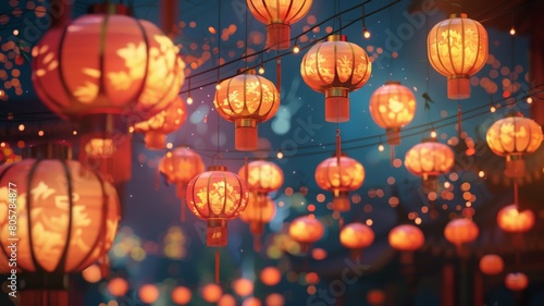 Experience the beauty and tradition of the Lunar New Year festival with this stunning image of Chinese lanterns lighting up the night sky