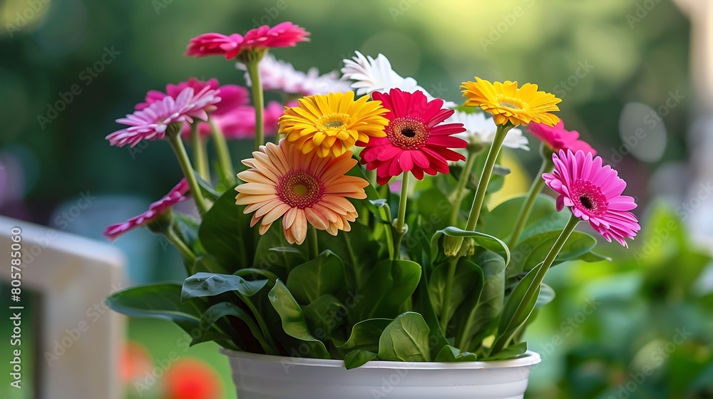 Obraz premium Beautiful colorful gerbera daisies in white flower pot
