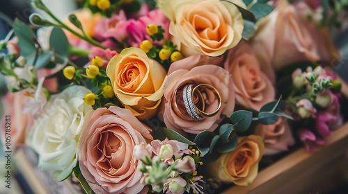 bouquet of beautiful and colorful flowers and wedding rings in a box photo