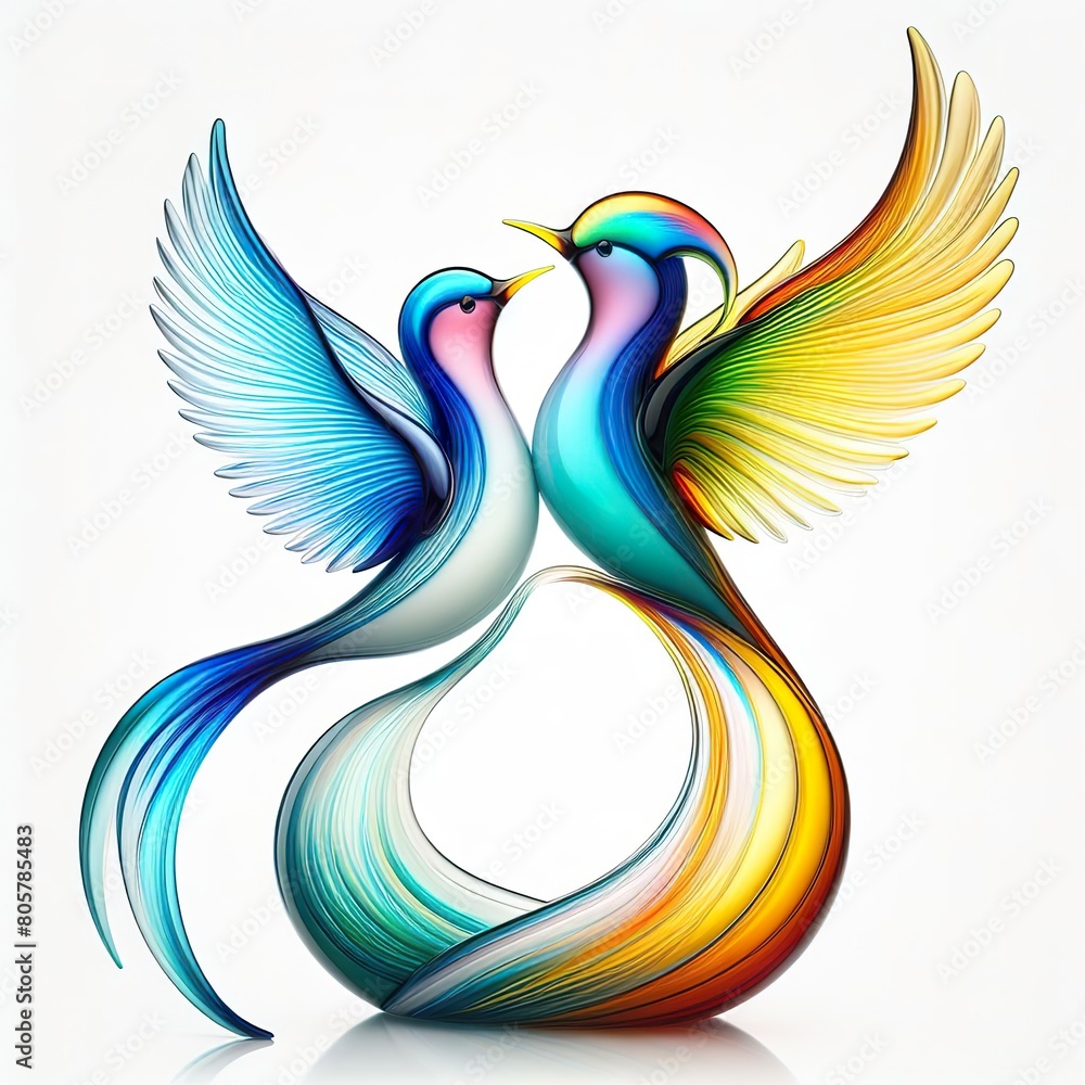 Obraz premium A stunning blown glass sculpture of a playful, couple bird with seamlessly blended rainbow colors, white background