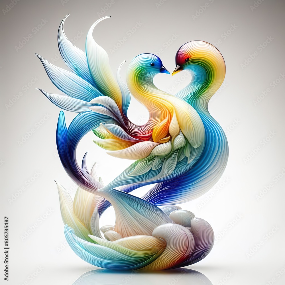 A stunning blown glass sculpture of a playful, couple bird with seamlessly blended rainbow colors, white background